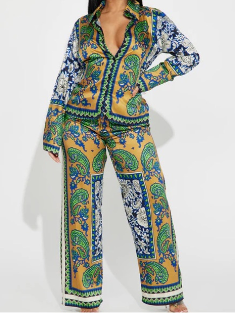 Printed Paisley Wide-Leg Pants - Mustard/Green/Blue